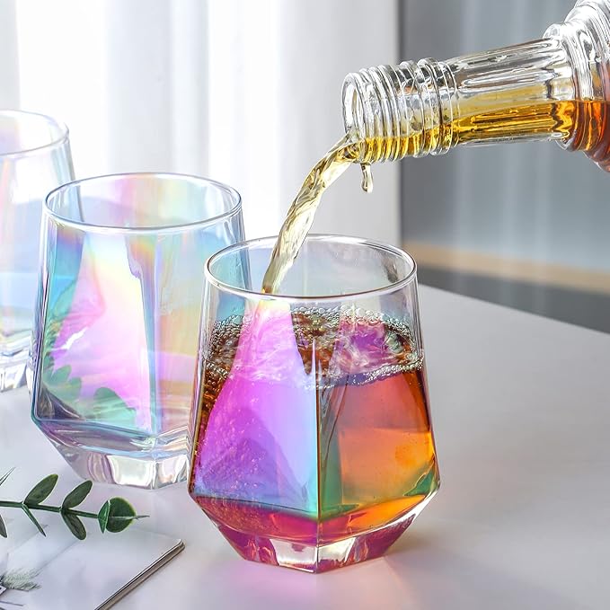 Wine Glasses Set of 6 (10 Oz), Stemless Wine Glass for Red and White Wine, Iridescent Diamond Shaped Glassware for Whiskey, Cocktail, Best Gift Anniversary, Wedding, Housewarming, Birthday