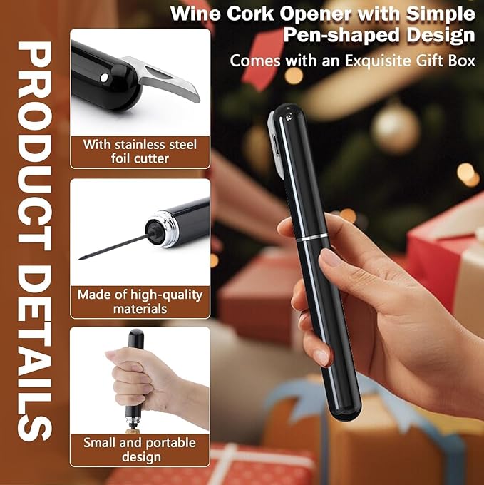 Wine Bottle Opener with Foil Cutter - NUCOKRS Air Pump Aeropop Corkscrew, Pen Style Opens in 3-7 Pumps, Effortless & No Damage to Cork, Compact Gift for Wine Lovers (Black)