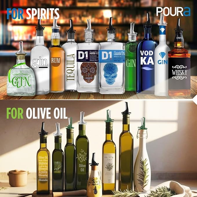 3-in-1 Liquor Pour Spout | Olive Oil Spout with Built-in Caps for Optimal Fly and Dust Protection - Dishwasher Safe, Hygienic Alcohol Speed Spouts - Black 2 PCs with 2 Adapters for Large Neck Bottles