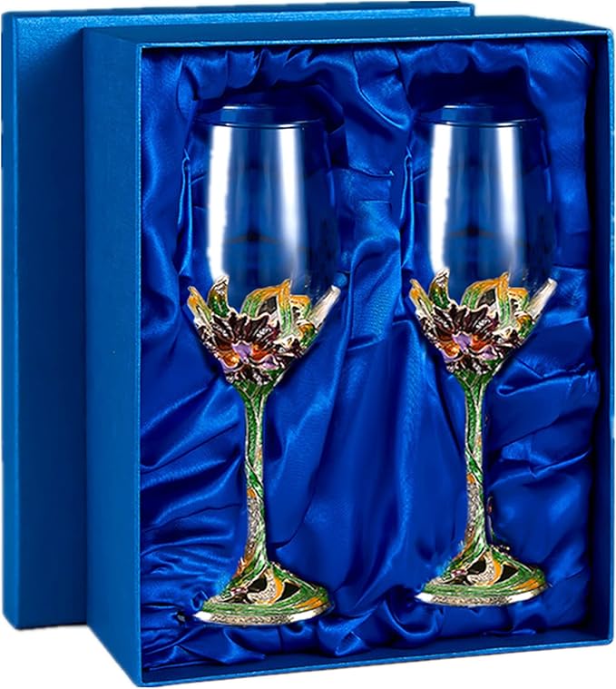 Comeon Wine Glasses Crystal Red Wine Glasses Elegant Champagne Glasses Enamels Floral Decorative Goblets(Green /2 set(gift box))