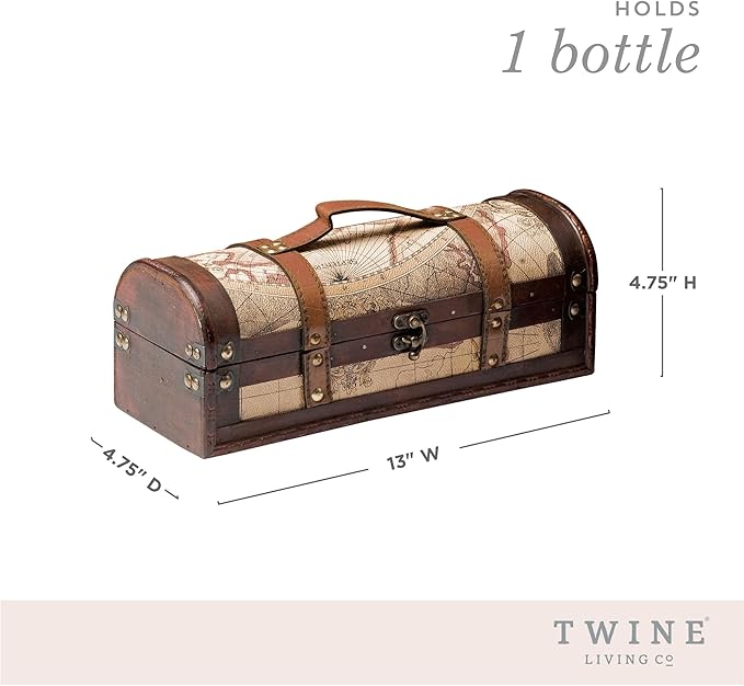Twine Old World Wine Bottle Gift Box, Wooden Wine Box with Lid and Handle, Wood, Faux Leather, Antique Map Design, Holds 1 Bottle