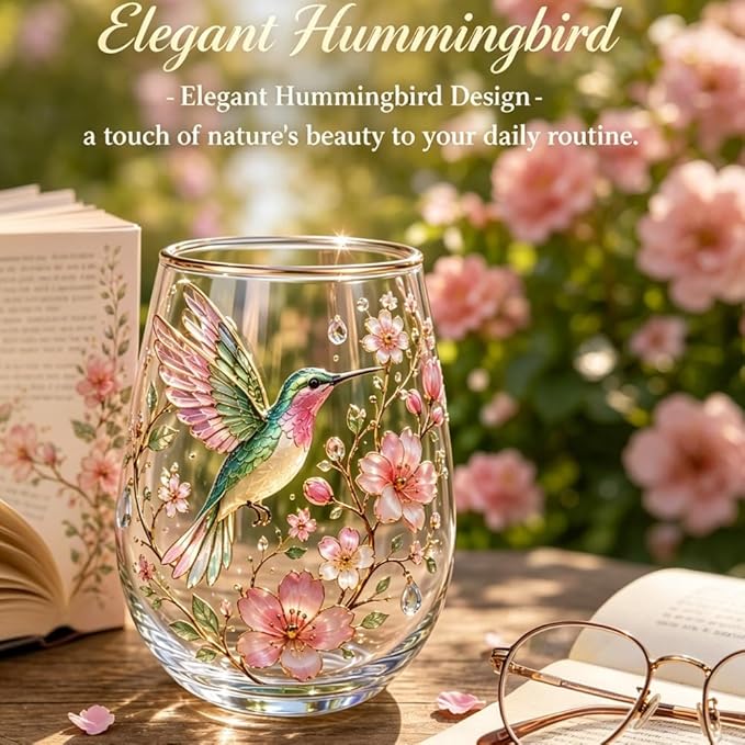 2026 Garden Hummingbird Morning Bliss Glass Tea Cup, Elegant Gold Rimmed Glassware with 14 Oz, Clear Cup for Loose Leaf, Nature Art Decorative Tumbler Gift for Women Mom Wife(Hummingbird)