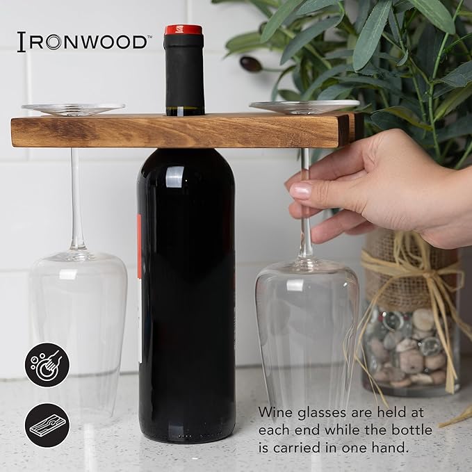 Ironwood Gourmet Acacia Wood Wine Glass Holder for Wine Bottles, Holds 2 Wine Glasses