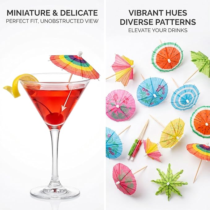50 PACK Drink Umbrellas - 5 Styles Cocktail Umbrellas for Drinks, Paper Mini Umbrella for Drinks Hawaiian Cupcake Toppers, Colorful Cocktail Picks for Luau Parasols Tiki Party Decorations