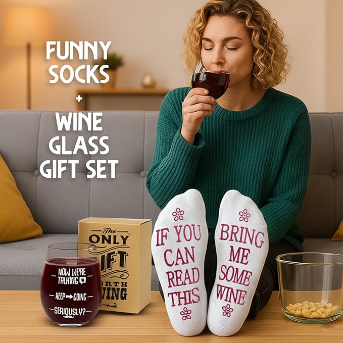 FUNNY WINE GLASSES + WINE SOCKS -16 oz Unbreakable Stemless Wine Glass With Sayings & Fuzzy Girl Socks “If You Can Read This, Bring Me Some Wine"