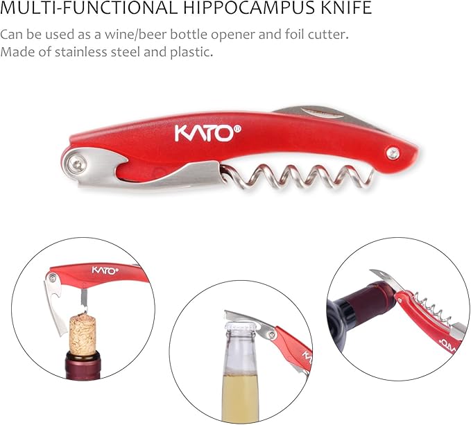 Wine Bottle Accessories Gift Set - Wine Opener Kit Corkscrew Screw Pull, Stopper, Aerator Pourer, Foil Cutter, Drip Ring with Drink Stickers by Kato, Great Valentine's Gifts, Red