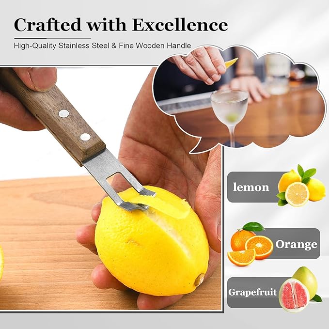 Professional Channel Knife & Citrus Zester Tool - Stainless Steel Lemon Peeler for Cocktails, Bar Tools for Bartenders, Orange Peeler with Walnut Handle for Home Bar, Kitchen, and Cocktail Garnishes