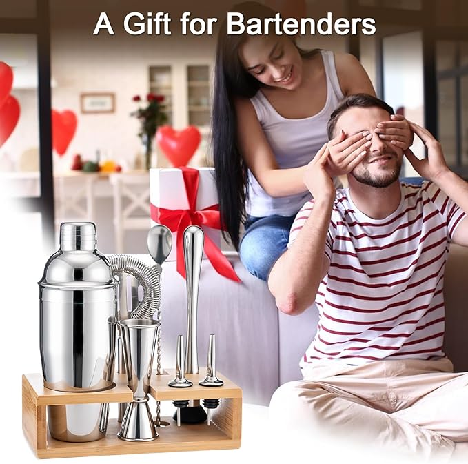 BRIOUT Cocktail Shaker Set Bartender Kit with Stand, Bar Set Drink Mixer Set with All Essential Accessory Tools: Martini Shaker, Jigger, Strainer, Mixer Spoon, Muddler, Liquor Pourers | Silver