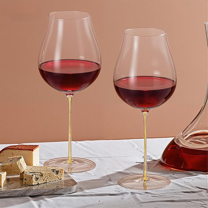 KAMMAK Wine Glasses Set of 2, 24.35 oz Hand Blown Crystal Bordeaux Wine Glasses, Thin Rim & Long Stem, Perfect for Red & White, Daily Use, Wedding or Birthday Gift with Gift Box, Burgundy Yellow