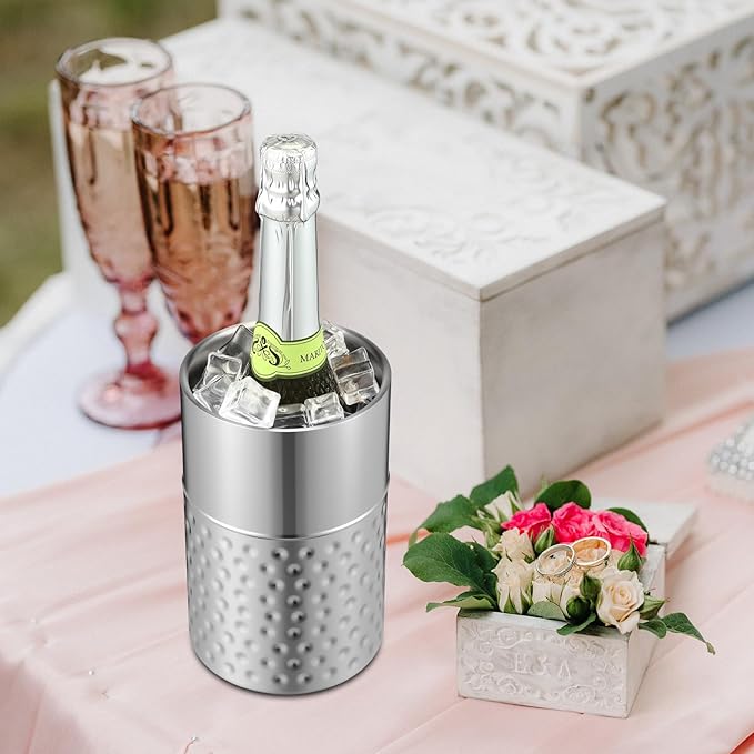 meekoo 12 Pack Wine Chiller Bucket Stainless Steel Double Wall Insulated Wine Cooler Bucket to Keep Cold, Hammer Pattern Champagne Cooler for Bar Party Restaurant, Gift for Champagne Lovers