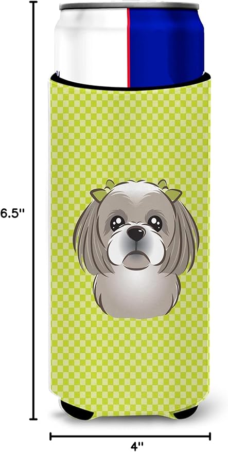 Checkerboard Lime Green Shih Tzu Ultra Beverage Insulators for slim cans