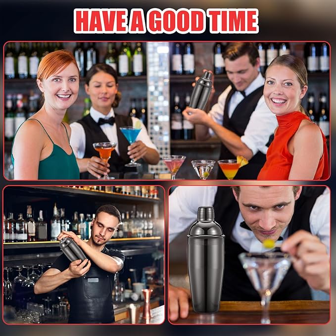 Nitial 6 Pcs Bar Cocktail Shaker Professional Stainless Steel Martini Drink Mixer Built-in Strainer for Bartending No Leaks Shaker for Bar Party Drink Mixer (Black,25 oz)