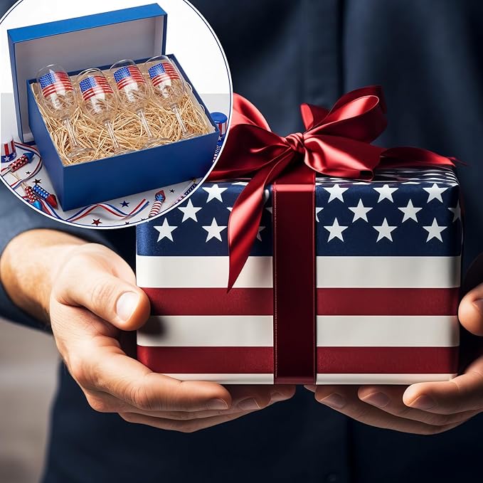 SiliFine 4 Pcs 4th of July Patriotic Party Stemmed Wine Glasses Hand Painted American Flag Drinking Cup Wine Glasses Gifts for Independence Day Theme Holiday Party Supplies