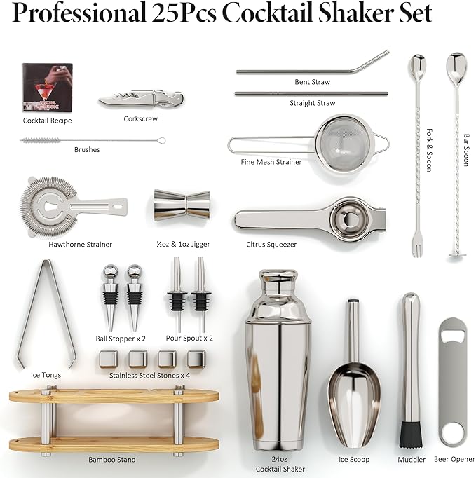 Cocktail Shaker Set, 25-Piece Stainless Steel Bartender Kit with Wood Organizer Stand & Cocktail Recipes, Professional Bar Mixology Tools with All Essential Accessories for Drink Mixing