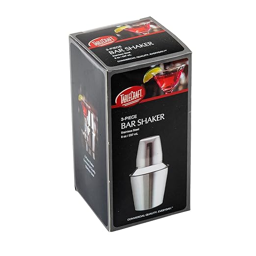 TableCraft 375 3-Piece Stainless Steel Cocktail Shaker, Bar Shaker with Built-In Strainer for Bartenders, Perfect for Mixing Cocktails, Margaritas – Durable Stainless Steel, Dishwasher Safe, 8oz