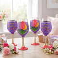 SiliFine 4 Pcs Mother's Day Stemmed Wine Glasses Hand Painted Tulip Flower Drinking Cup Wine Glasses Gifts for Birthday Theme Holiday Party Supplies