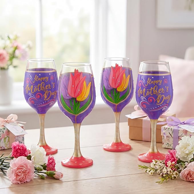 SiliFine 4 Pcs Mother's Day Stemmed Wine Glasses Hand Painted Tulip Flower Drinking Cup Wine Glasses Gifts for Birthday Theme Holiday Party Supplies