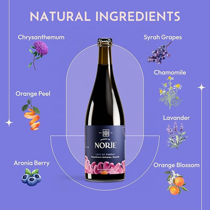 Norïe Lots of Purple – Award-Winning Non-Alcoholic Sparkling Blend with Syrah Grapes, Chamomile & Chrysanthemum – Floral & Elegant Non-Alcoholic Drink - Vegan, Gluten-Free, 750ml