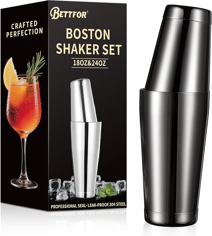 Boston Shaker Set, 18oz & 28oz 2-Piece Tins, Professional 304 Stainless Steel Cocktail Shaker with Leak-Proof Weighted Base for Bartending, Home & Bar Use (Black)