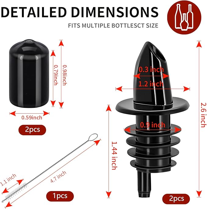2 PCS Bottle Pourers And 2 PCS rubber pourers dust cap covers Syrup Pourer Pour Spouts Plastic Liquor Bottle Pourers with Rubber Pourers Dust Cap Covers Bottle Pourers (Black)
