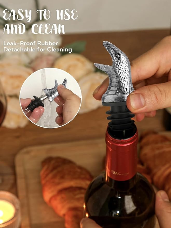 Cobra Snake Wine Pourer, Metal Liquor Bottle Pourer Spout, Stainless Steel Wine Aerator with Leak-Proof Stopper, Novelty Bar Accessory for Whiskey Vodka Tequila, Gifts for Men, Bartenders, Parties