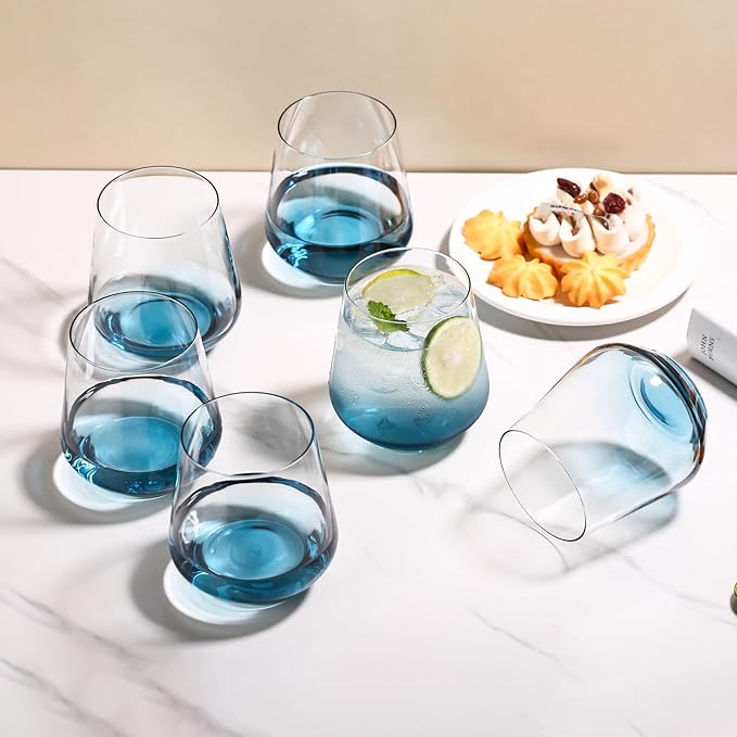 JOVGANK Blue Stemless Wine Glasses Set of 6 - Hand Blown White Red Stemless Wine Glass - 17 oz, [Lead-Free Crystal Glass] Large Short Glass Tumblers, Housewarming Gifts and Mother's Day Gift