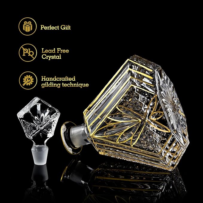 Hand-painted Gold Decanter Set for Men - Whiskey Decanter, Wine Aerator, and 2 Glasses, Liquor Bottles, Bourbon and Tequila Decanter,crystal decanter and 2 old fashioned glass