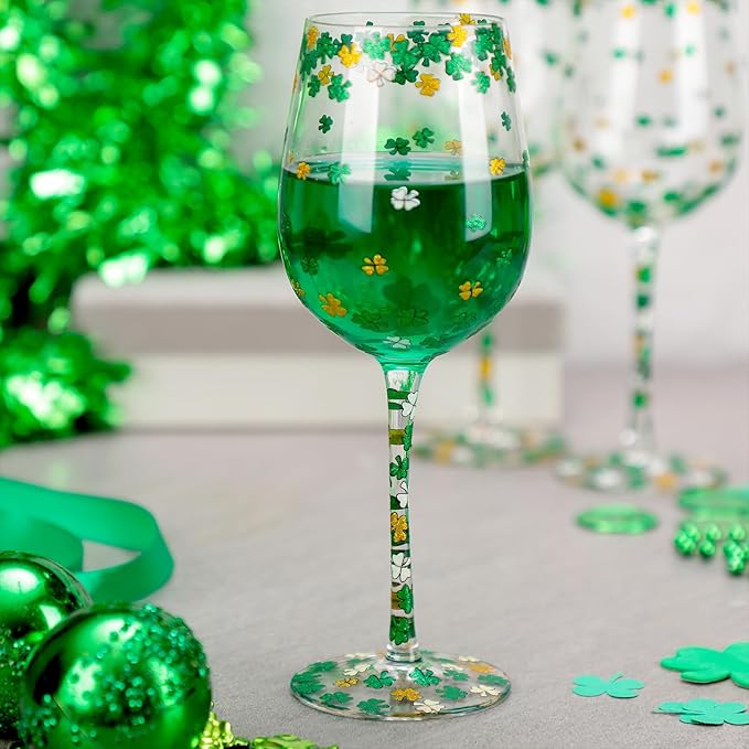 SiliFine 4pcs Green Wine Glasses, 14-17 oz St. Patrick's Day Drinking Cup, Hand Painted Lucky Shamrock Glasses for Party Supplies & Decorations