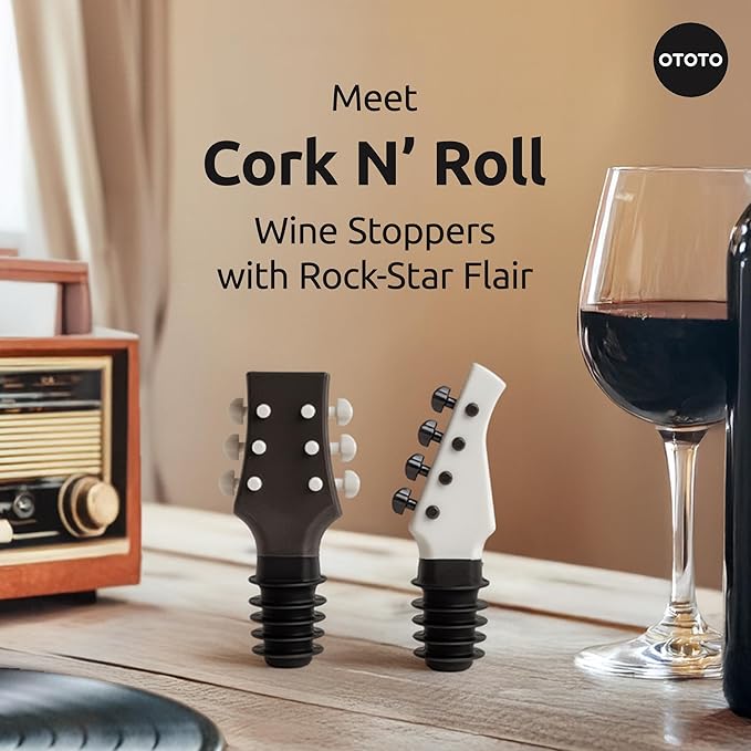 OTOTO Wine Stoppers Set of 2 – Bass & Guitar Wine Bottle Stopper, Fun Wine Corks, Wine Accessories, Champagne Stopper, Unique Kitchen Gadgets, Quirky Gift (Cork N' Roll)