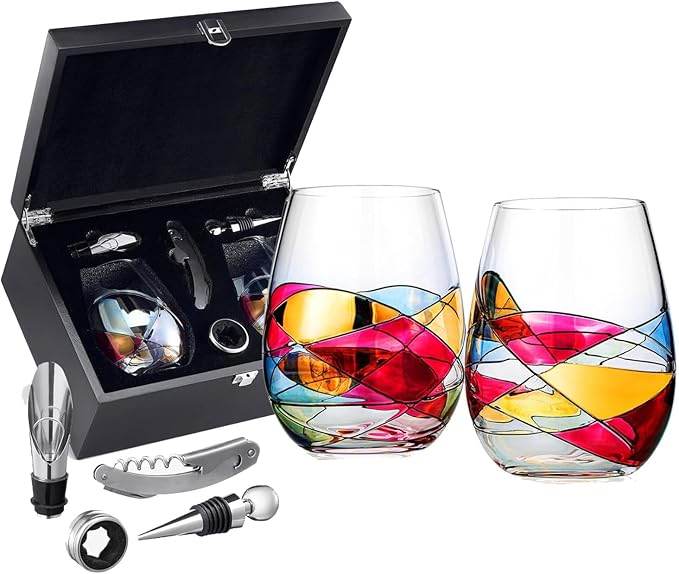 Artisanal Hand-Painted Stemless Wine Glasses & Accessories Set with Gift Box – Mother’s Day, Wife, Friends, or Girlfriend – Romantic Stained Glass Windows – Birthday or Housewarming Gift Idea