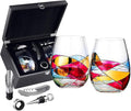 Artisanal Hand-Painted Stemless Wine Glasses & Accessories Set with Gift Box – Mother’s Day, Wife, Friends, or Girlfriend – Romantic Stained Glass Windows – Birthday or Housewarming Gift Idea