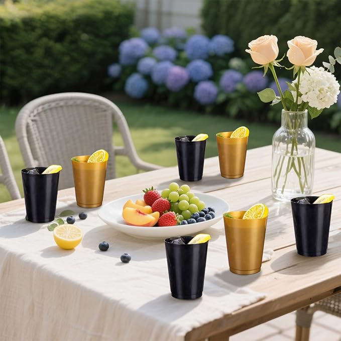 DaYammi 100 Pack Plastic Cups for Party- Disposable Gold Cups and Black Cup Include: 50 Black Plastic Cup and 50 Gold Disposable cup for Party Supplies Festive Celebrations Wine Beer Beverage