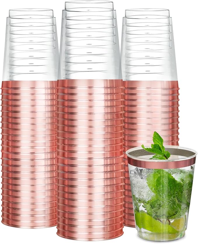 R-kay Rose Gold Plastic Cups, Heavy Duty 10 OZ Disposable cups, Plastic cocktail Glasses (Rose Gold)