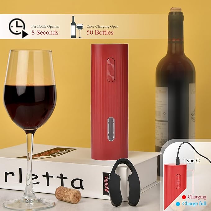 Electric Wine Opener Set include Bookpage-Style Electric Bottle Opener Rechargeable, Vacuum Stopper, Wine Pourer, Foil Cutter, Storage Base & USB Charging Cable (Red)