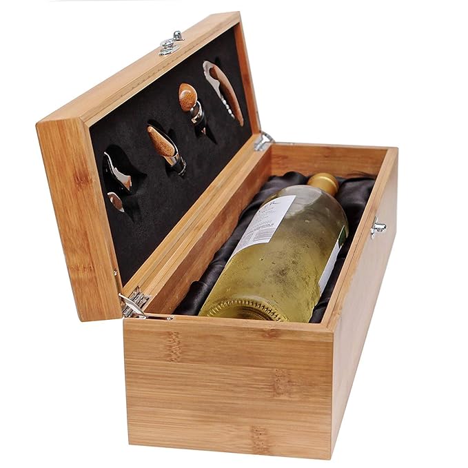 CASE ELEGANCE Premium Monogrammed Bamboo Wine Box Gift Set with Accessories - Luxury Single Bottle Wine Gift Box with Wine Opener, Bottle Opener & Wine Accessories, Wedding Gift Case with Tools