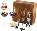GZLDGIFTS Personalized Initial Wine Glasses Box Gift Set For Women Mom Engraved Birthday Monogrammed Wooden Christmas Gifts Wedding Anniversary Wine Couples Stopper Opener Initial Letterr (M Set)