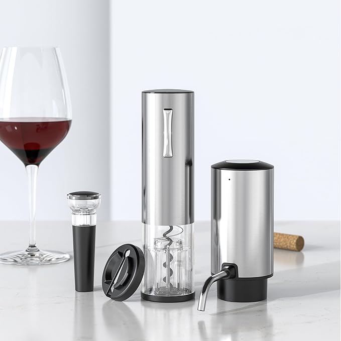 All-in-1 Electric Wine Opener Set with Rechargeable Wine Opener, Rechargeable Wine Aerator Pourer, Foil Cutter and Vacuum Wine Stopper, Ideal gift for Wine Lovers（Silver）