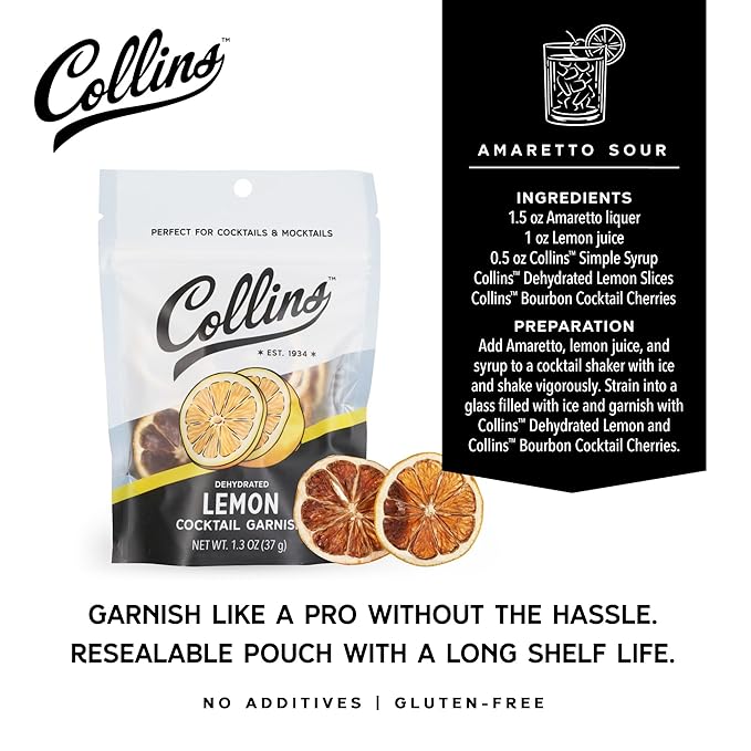 Collins Dehydrated Lemon Cocktail Garnish Slices, 1.3 oz, Perfect for Whiskey Sours, Martinis, Mocktails & Desserts – Premium Drink & Food Garnish – 1.3 oz