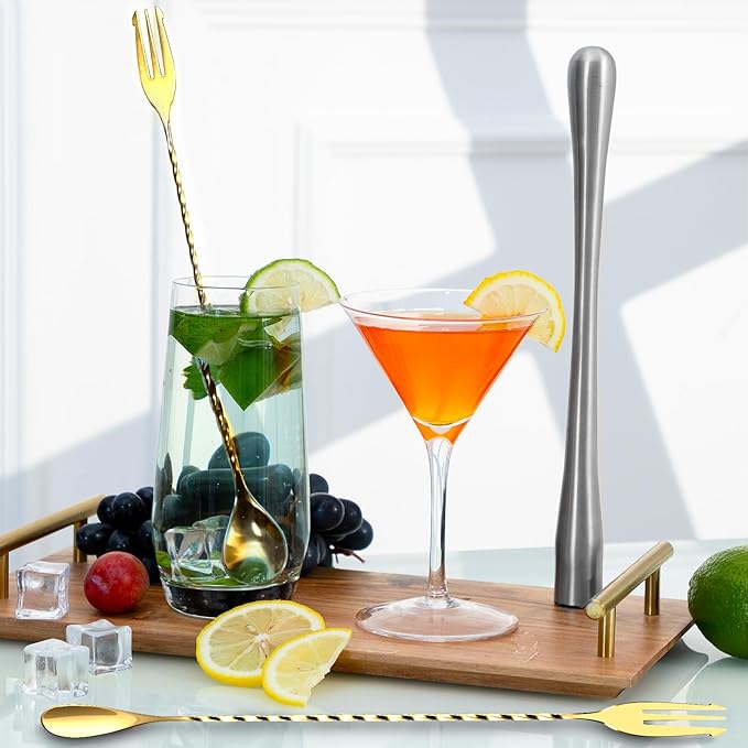 BRIOUT 2 Pcs Bar Spoon, 12 Inches Long Handle Drink Stirrer, Stainless Steel Bar Cocktail Mixing Spoons with Double Ended Design for Stirring, Gold
