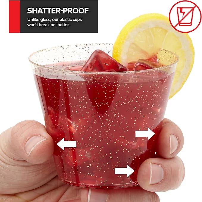 Stock Your Home 9oz Gold Glitter Plastic Cups (100 Pack), Elegant Party Cups for Birthday Parties, Weddings, and Holidays, Fancy Disposable Cocktail Glasses, Clear and Gold, Bulk Wine and Mimosa Cups