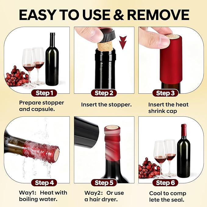 60Pcs Wine Bottle Sealer for Cruise - 30Pcs Heat Shrink Wine Sealer Capsules & 30Pcs Wines Corks Stoppers Cap, PVC Wines Bottle Resealer Kit for Recorking(3 Color)