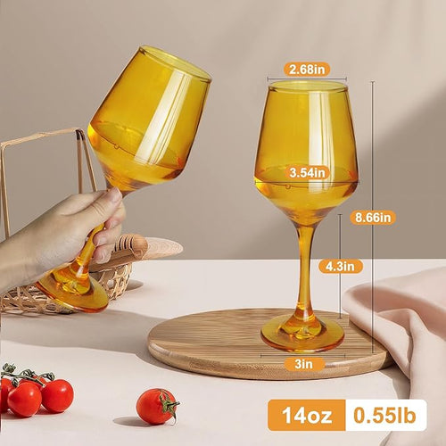 Amber Wine Glasses Set of 6, 14oz Stemmed Glasses, Thick & Colored, Dishwasher Safe Stemware for Red or White, Gift for Party, Holiday, Anniversary, Restaurant, Home Bar, Daily Use