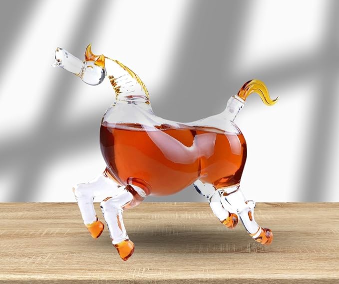 Whiskey Decanter Set, 35 oz - Horse Drink Dispenser for Wine or Alcohol - Animal Glass Bottle with 2 Diamond Whiskey Glasses - Ideal for Home Bar Decor or as Holiday Gifts for Men (Giddyap)