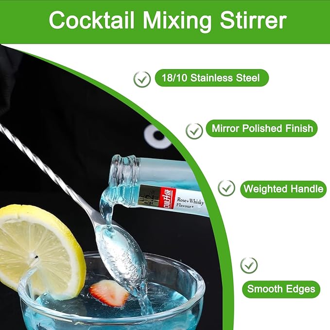 ABK 6PCS 12 Inch Bar Spoon，18/10 Stainless Steel Spiral Pattern Cocktail Stirrers Spoons ，Long Handle Cocktail Mixing Stirrers