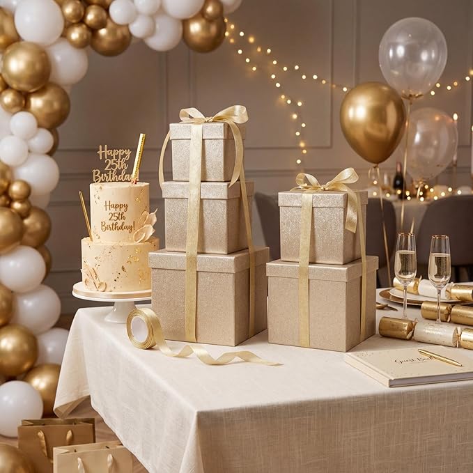 Cholemy 5 Pcs Square Nesting Boxes Decorative Gift Boxes with Lid and Ribbon Assorted Sizes Wrap for Wedding, Carnival, Anniversary, Birthday, Bridal Shower Party Gifts(Champagne Gold)