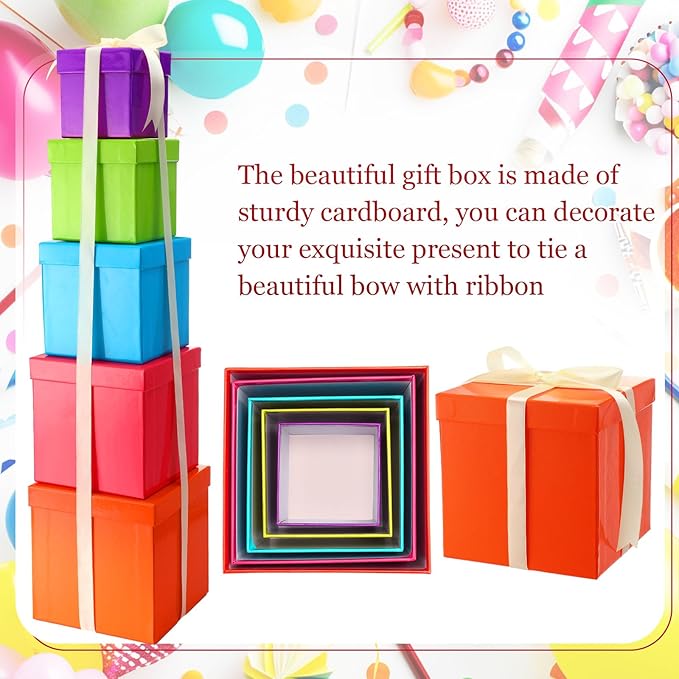 Cholemy 5 Pcs Square Nesting Boxes Decorative Gift Boxes with Lid and Ribbon Assorted Sizes Wrap for Wedding, Carnival, Anniversary, Birthday, Bridal Shower Party Gifts(Multicolor)