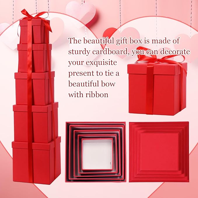 Cholemy 5 Pcs Square Nesting Boxes Decorative Gift Boxes with Lid and Ribbon Assorted Sizes Wrap for Wedding, Carnival, Anniversary, Birthday, Bridal Shower Party Gifts(Bright Red)
