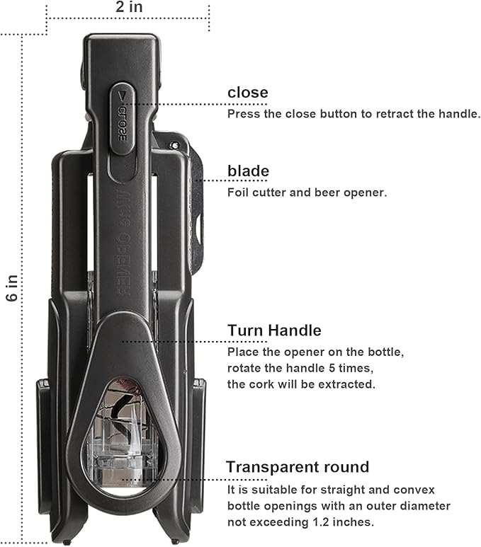 Wine Bottle Opener, Easy to Use Corkscrew Wine Opener with Foil Cutter, 6 inches - Small Travel Corkscrew for Wine Lovers, Kitchen Essentials, Black