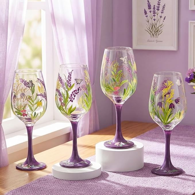SiliFine 4 Pcs Mother's Day Party Stemmed Wine Glasses Hand Painted Purple Lavender Butterfly Drinking Cup Wine Glasses Gifts for Women Spring Birthday Theme Holiday Party Supplies