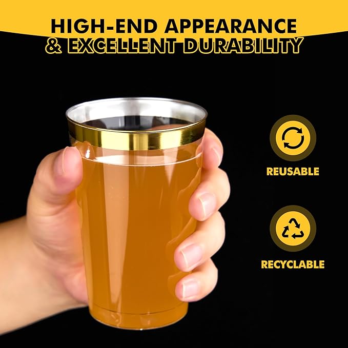 RACETOP 200 Pack 12oz Gold Rimmed Plastic Cups, Heavy Duty Disposable Glasses, Elegant Disposable Hard Cups for Party, Thanksgiving, Wine Taesting, Birthday and Christmas.